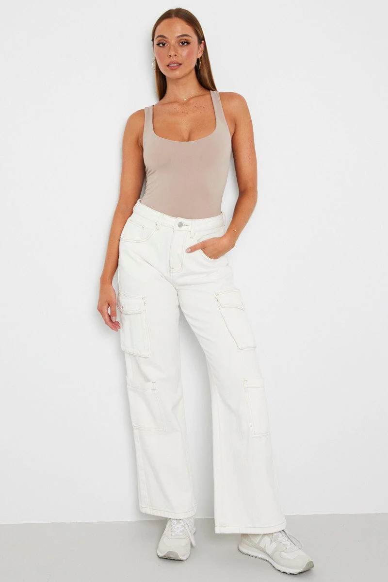 Beige Tank Top Scoop Neck Seamless