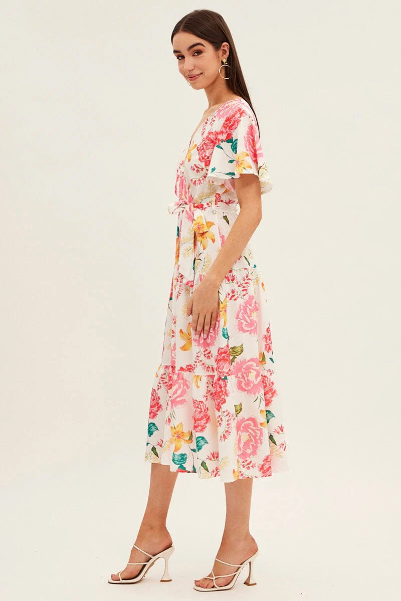 White Floral Tie Waist Tiered Midi Dress