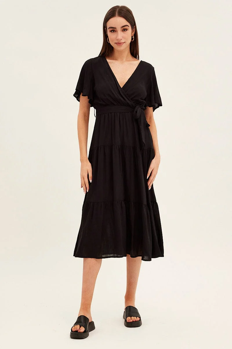 Black Tie Waist Tiered Midi Dress