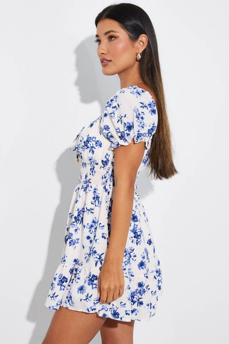 White Floral Fit And Flare Dress Puff Sleeve Mini