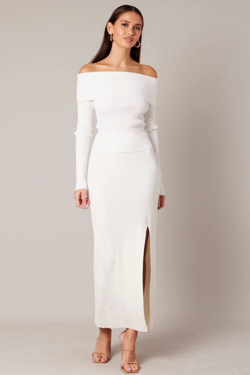White Knit Top Long Sleeve Off Shoulder