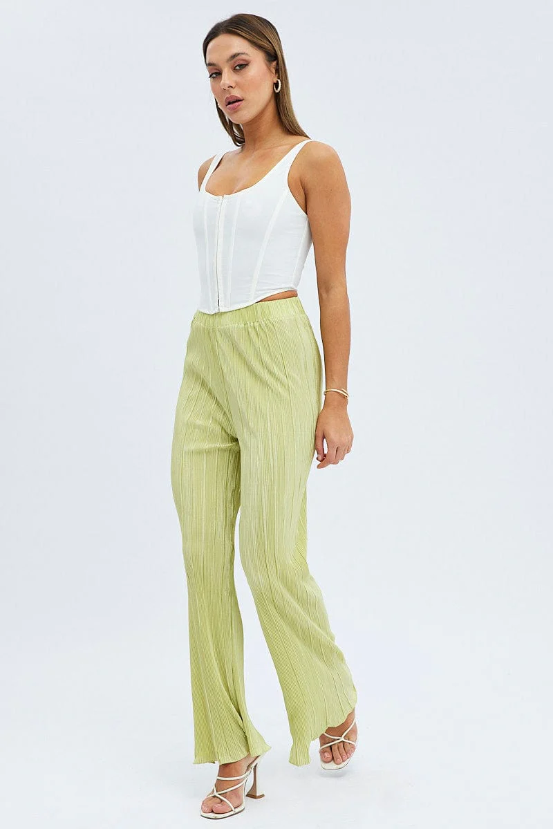 Green Plisse Pants Wide Leg High Rise