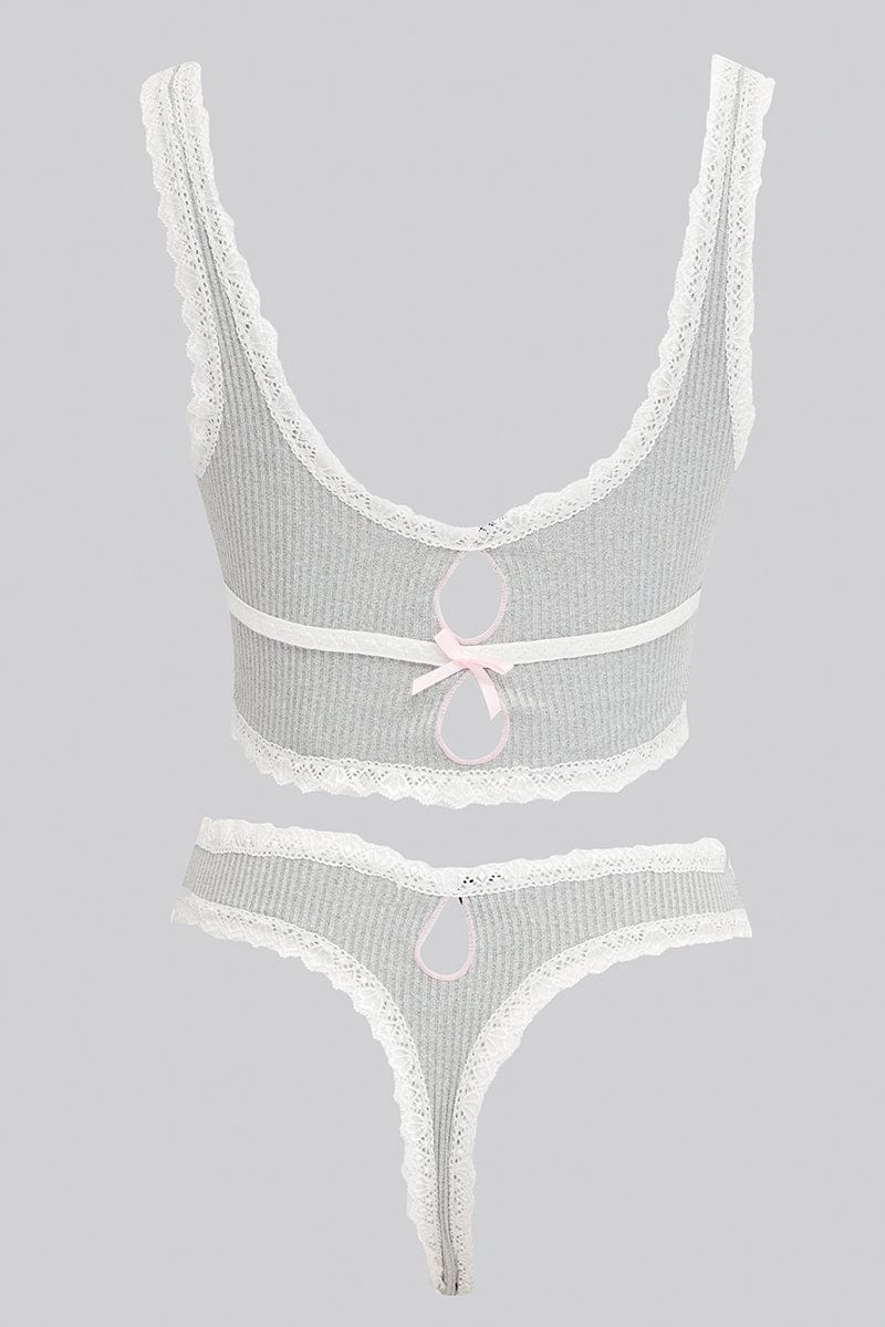 Grey Lace Trim Lingerie Set