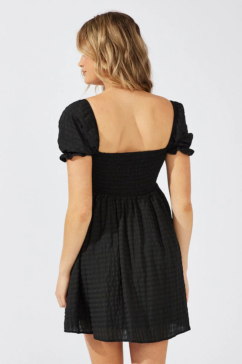 Black Fit and Flare Dress Short Sleeve Self Check
