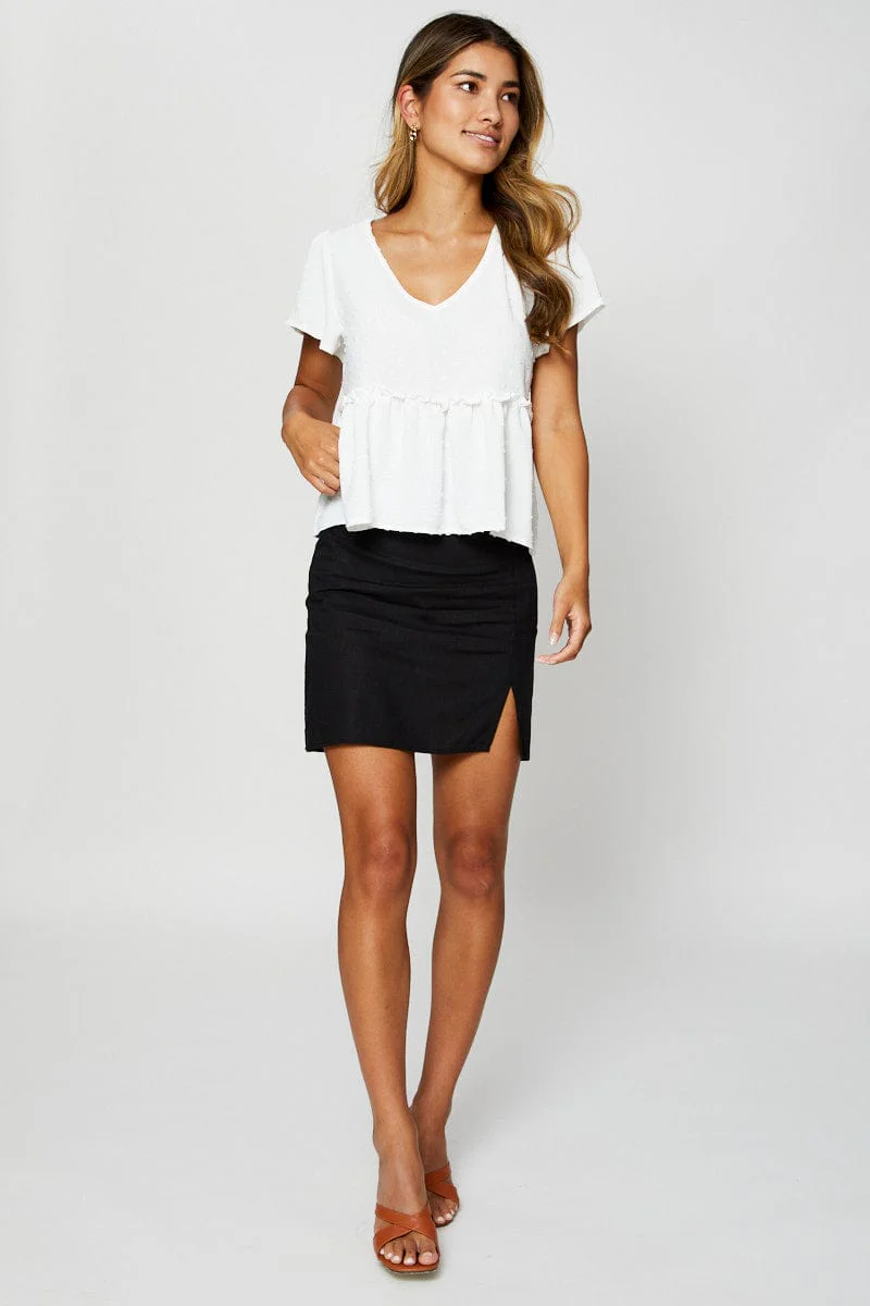 White Peplum Top Short Sleeve Button Front