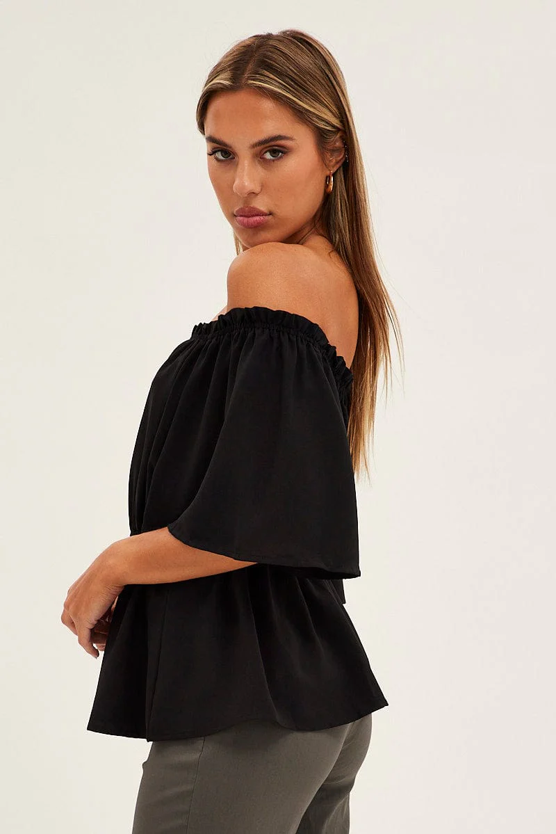 Black Top Short Sleeve Off Shoulder Longline Flutter