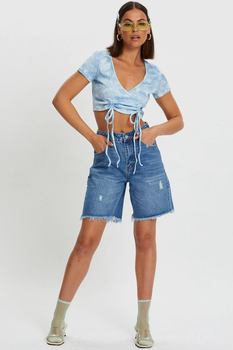 Blue Tie Dye Drawstring Ruched Top