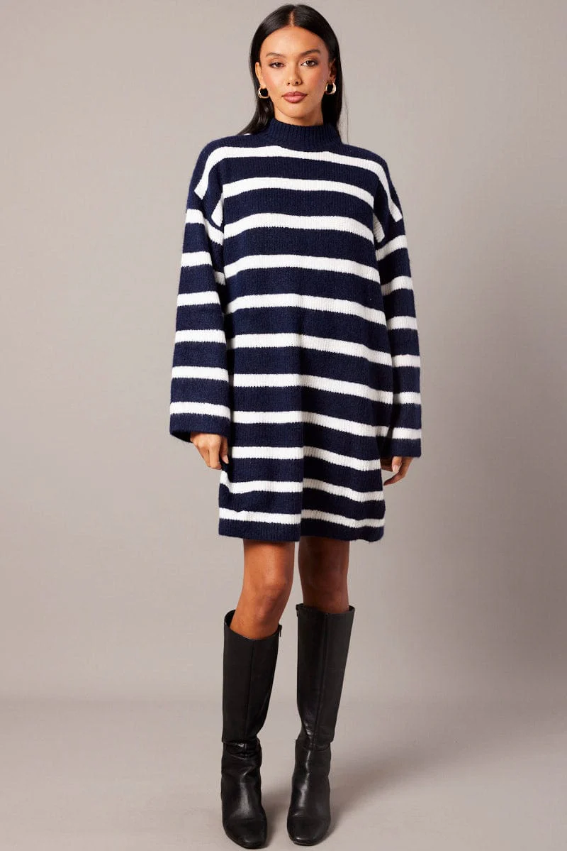 Blue Stripe Knit Jumper Dress Mini