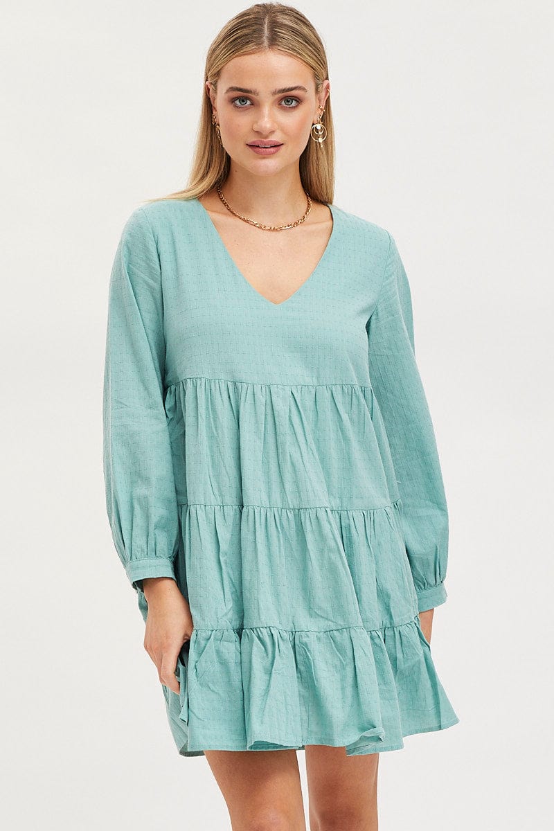 Green Smock Dress Long Sleeve Mini