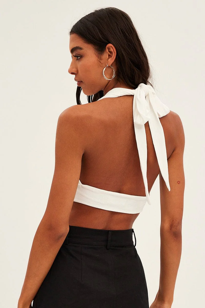 White Front Ruched Halter Top