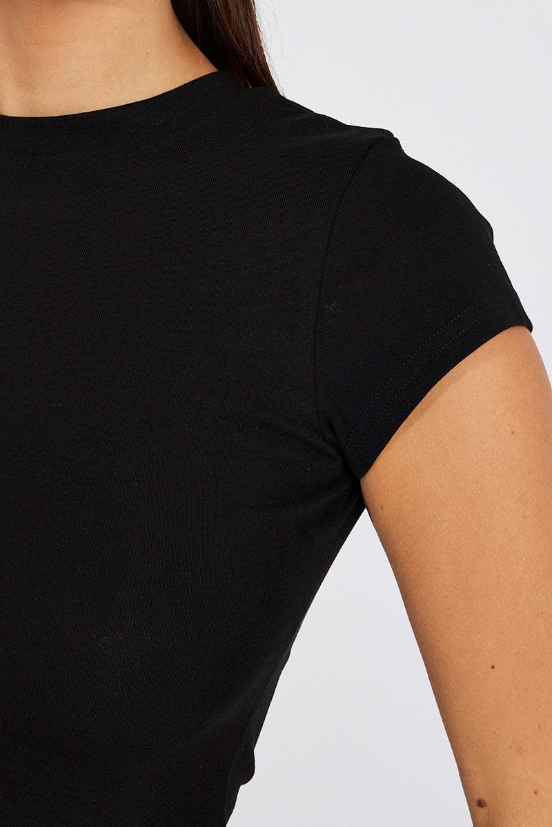 Black T Shirt Short Sleeve Crew Neck Cotton Rib