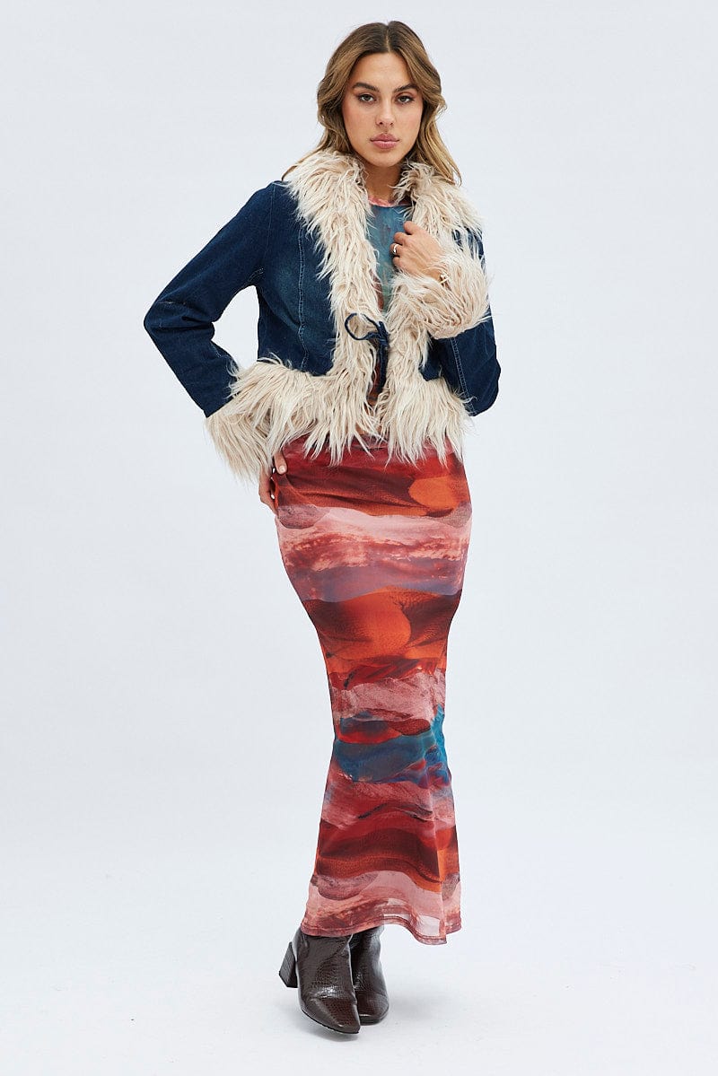 Denim Jacket Long Sleeve Faux Fur Tie Front Washed Denim