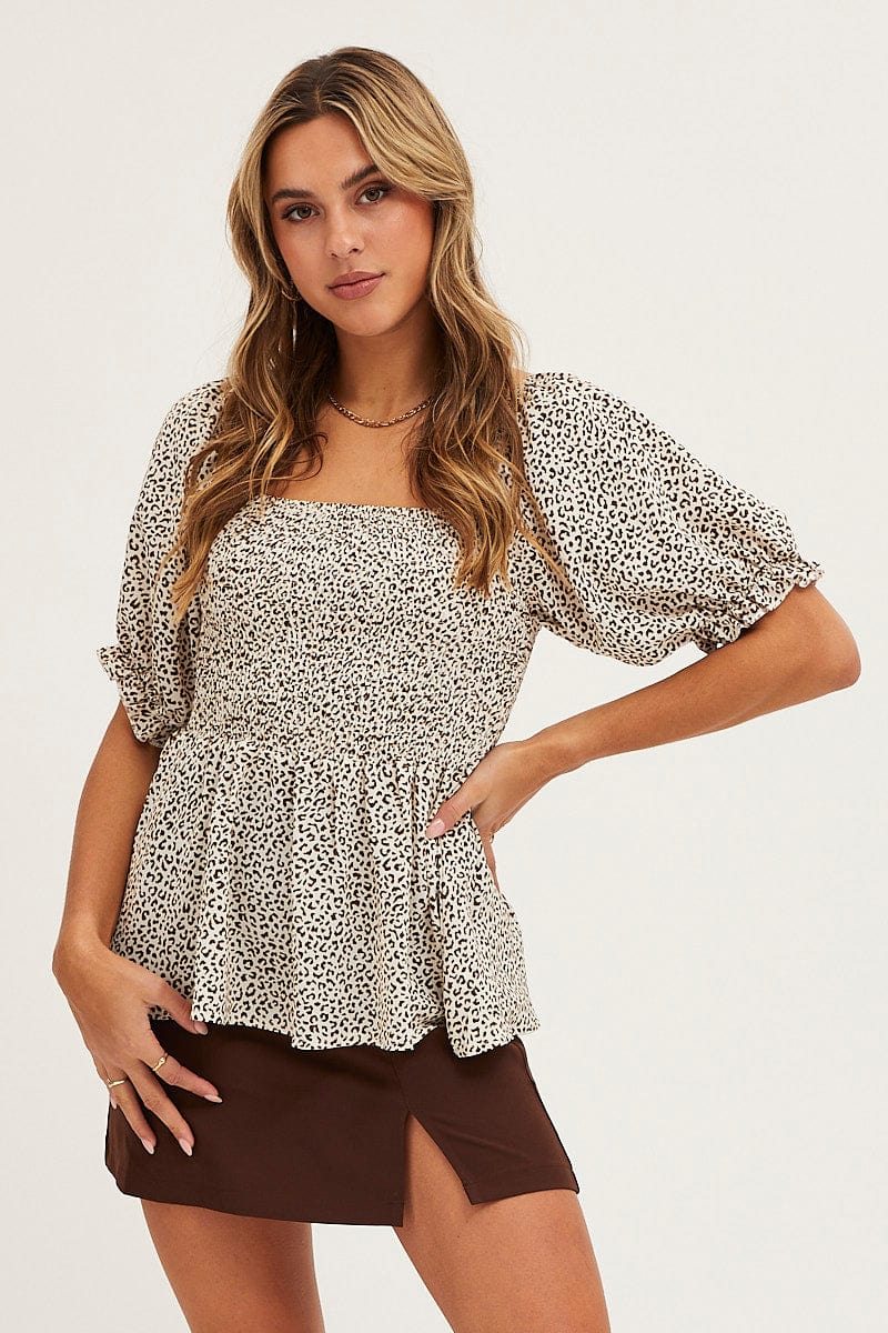 Geo Print Puff Sleeve Shirred Top