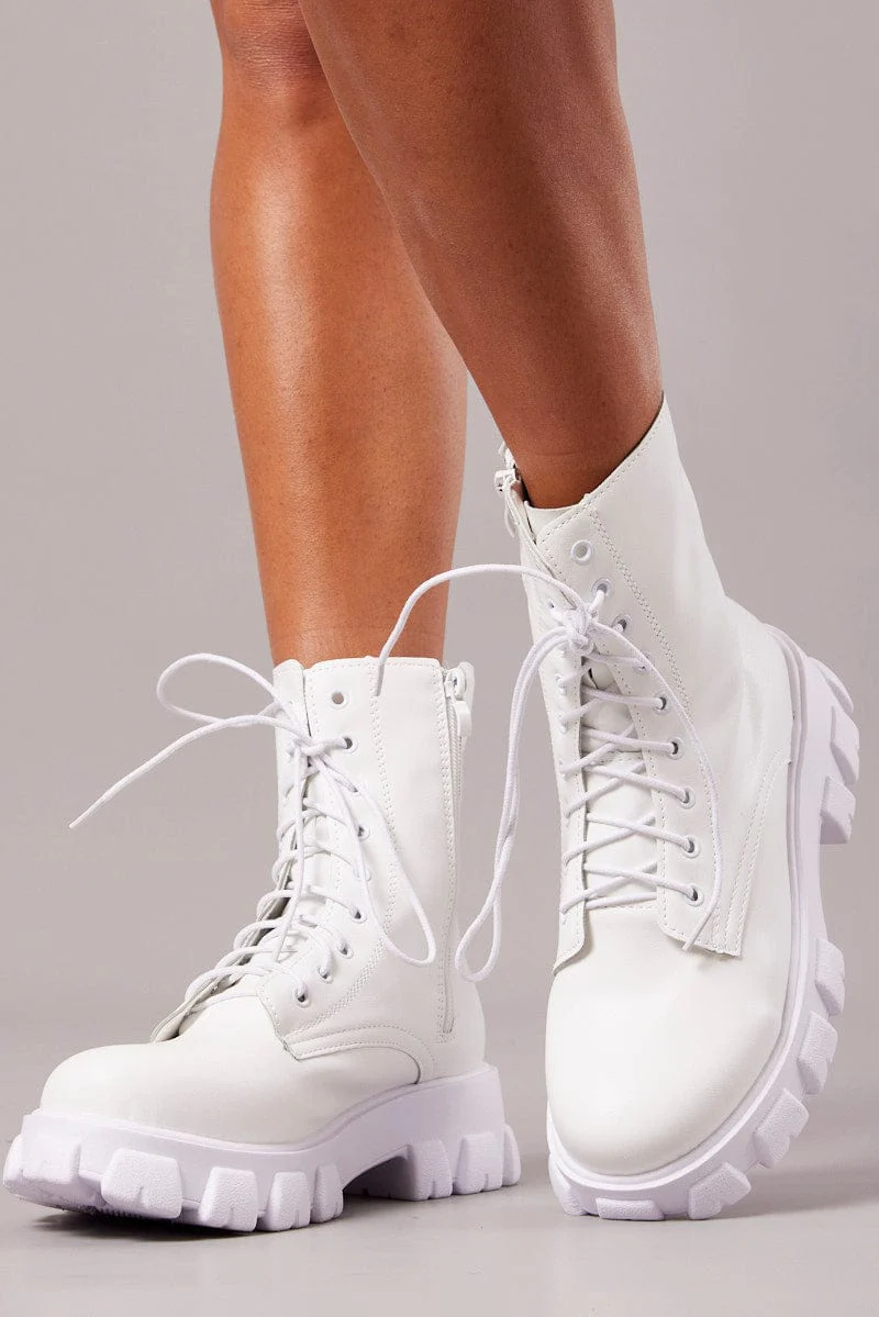White Chunky Lace Up Ankle Boots