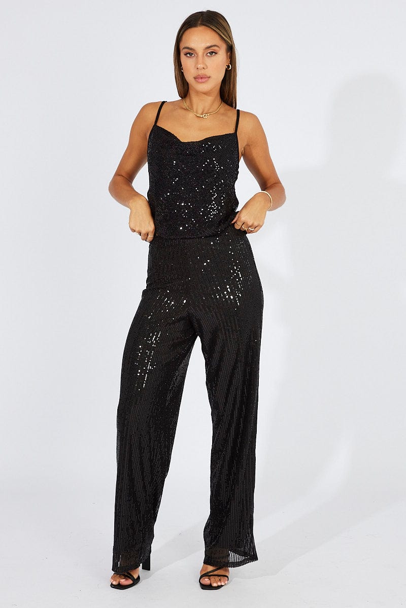 Black Wide Leg Pants High Rise Sequin