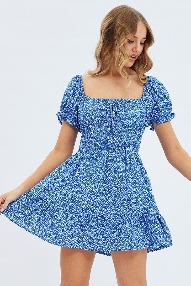 Blue Floral Fit And Flare Dress Short Sleeve Mini