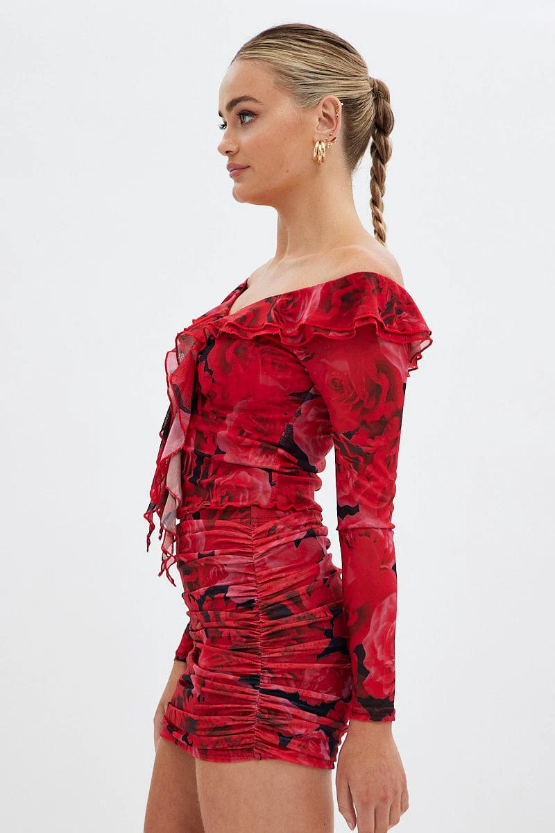 Red Floral Mesh Top Long Sleeve Off Shoulder Frill Lined