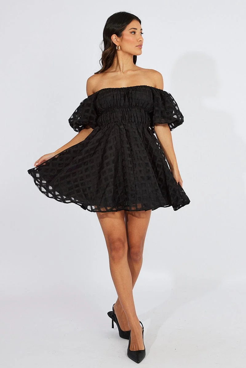Black Fit And Flare Dress Puff Sleeve Mini