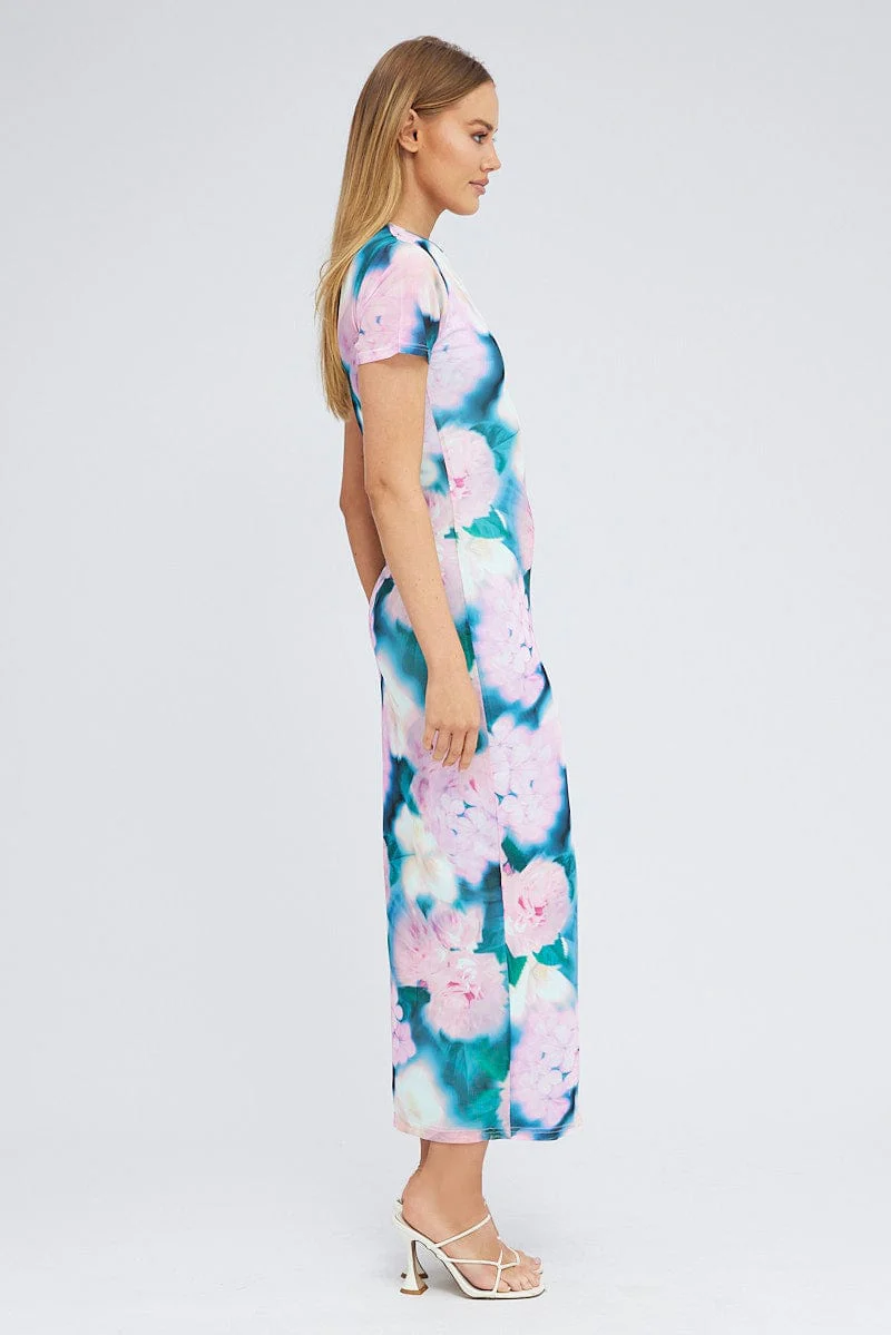 Pink Abstract Maxi Dress Short Sleeve Crew Neck Bodycon Mesh