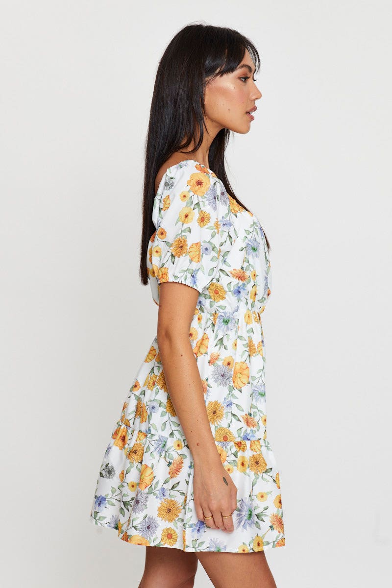 Print Fit And Flare Dress Short Sleeve Square Neck