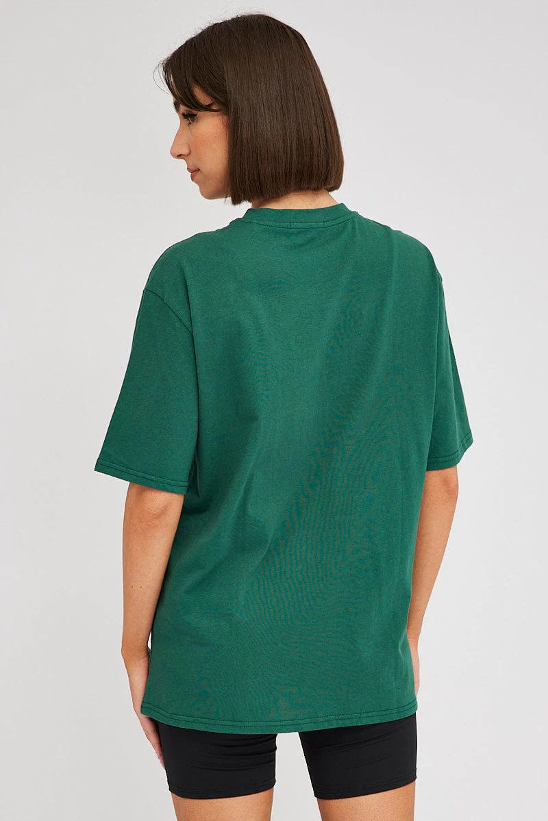 Green Graphic Tee Short Sleeve Oversized Round Neck