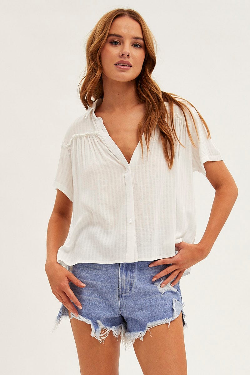 White Shirt Textured Short Sleeve Collared Cotton