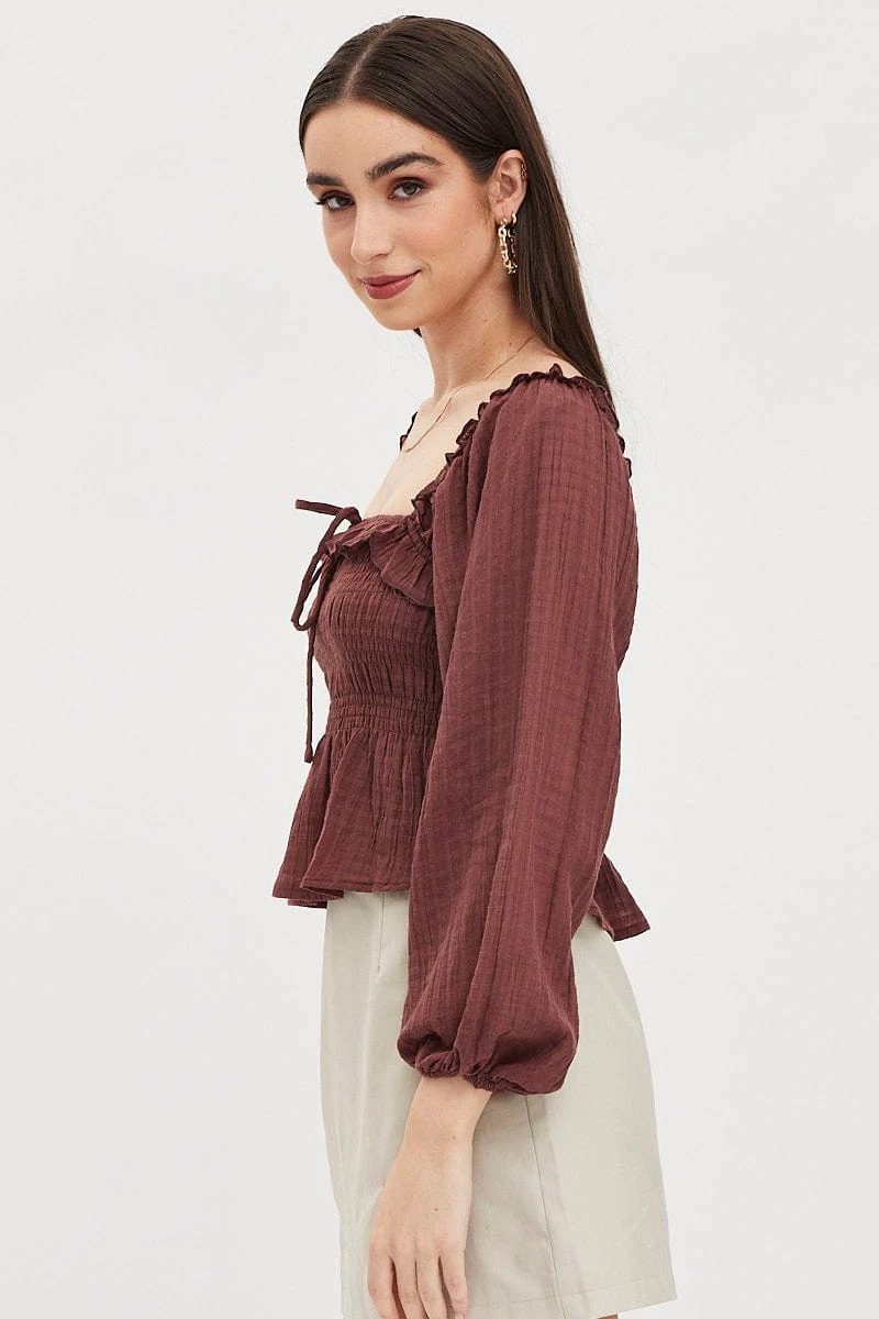 Brown Peplum Top Long Sleeve Semi Crop