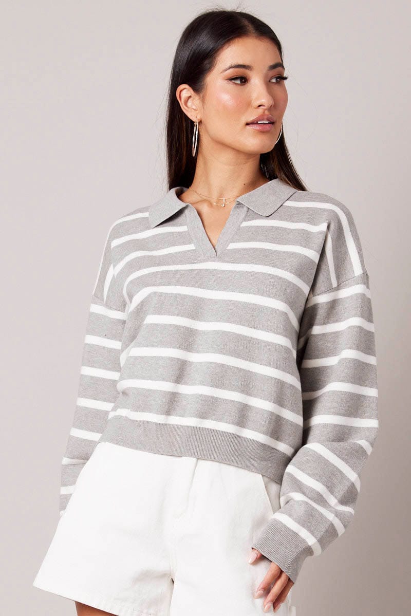 Grey Stripe Knit Top Long Sleeve Collar