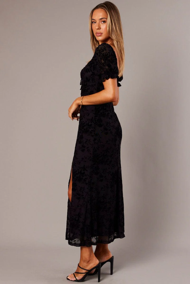 Black Midi Dress Puff Sleeve Burn Out