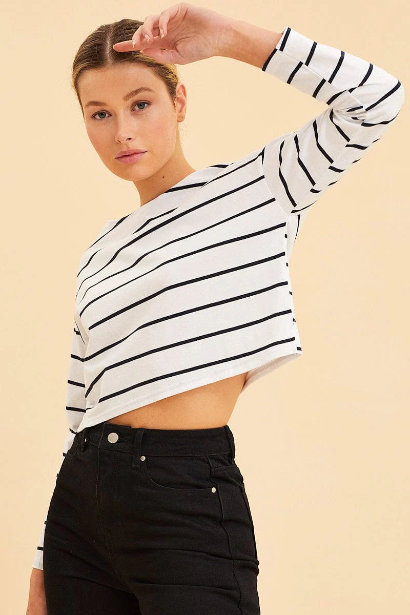 Stripe Boxy Top Wide Neck Long Sleeve