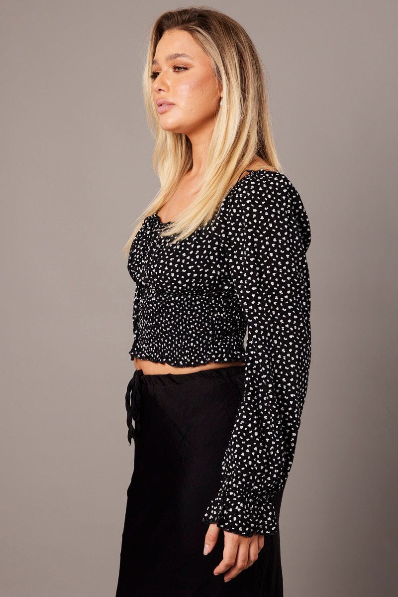 Black Ditsy Crop Top Long Sleeve Shirred Waist