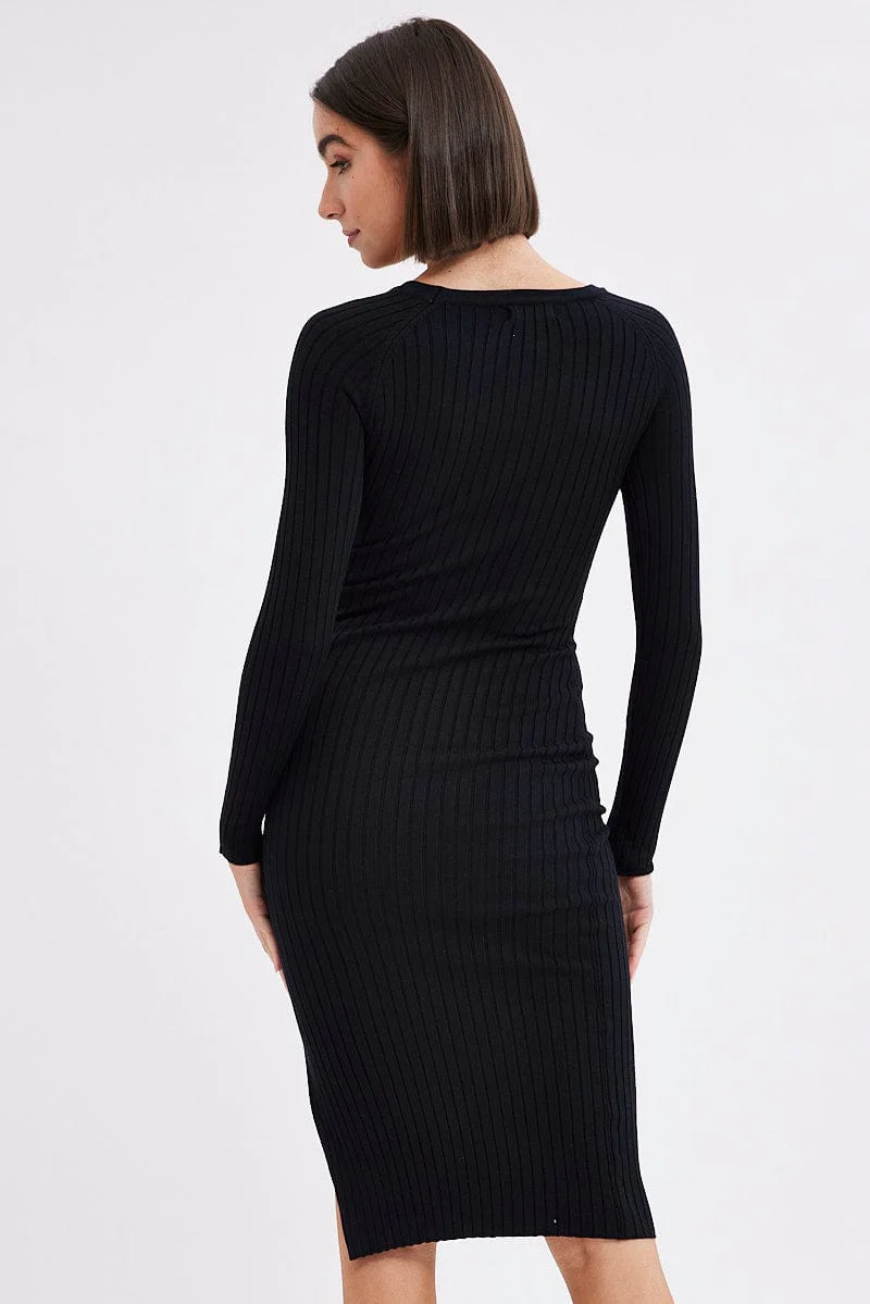Black Midi Dress Long Sleeve Round Neck Keyhole Rib Knit