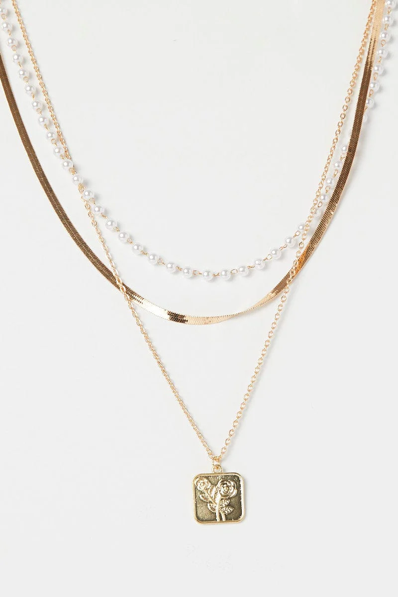Gold Square Pendent Layered Necklace