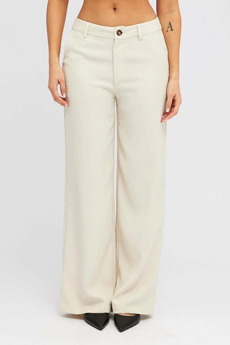 Beige Wide Leg Pants High Rise