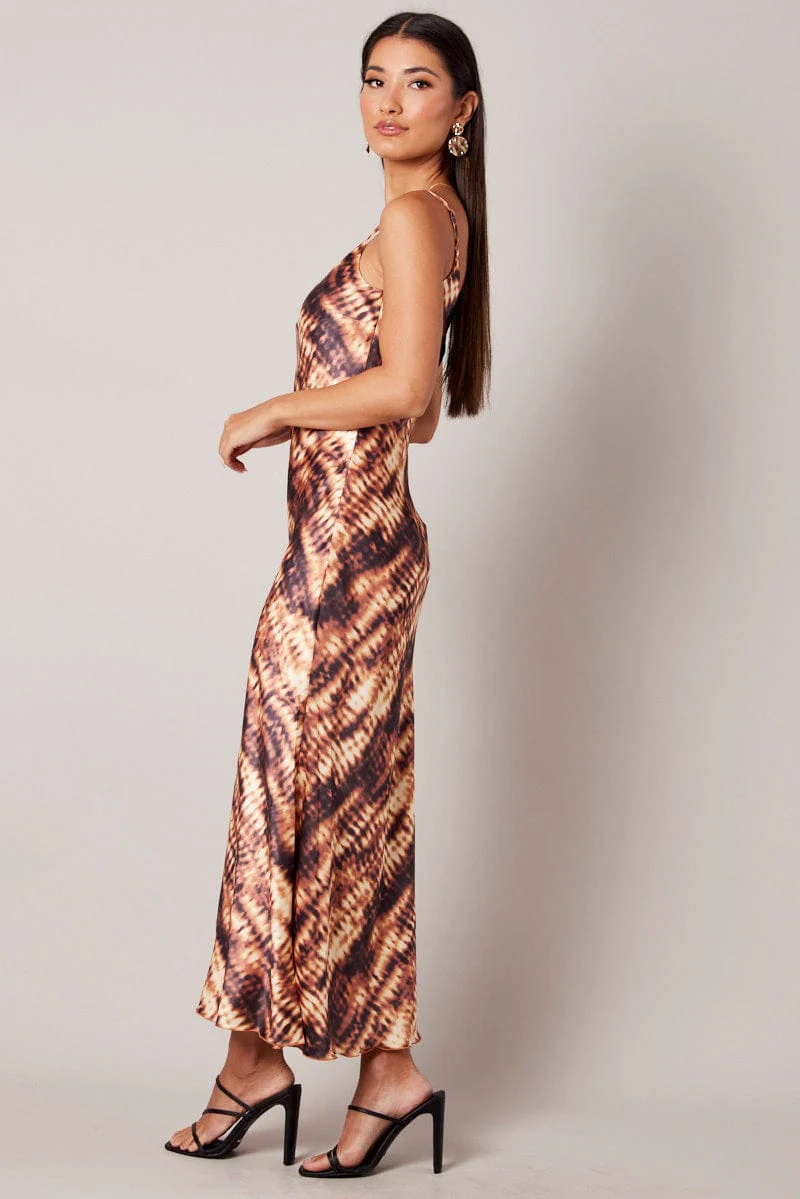 Brown Abstract Maxi Dress Strappy
