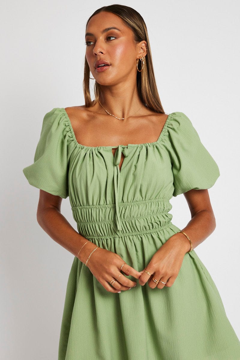 Green Fit And Flare Dress Puff Sleeve Mini