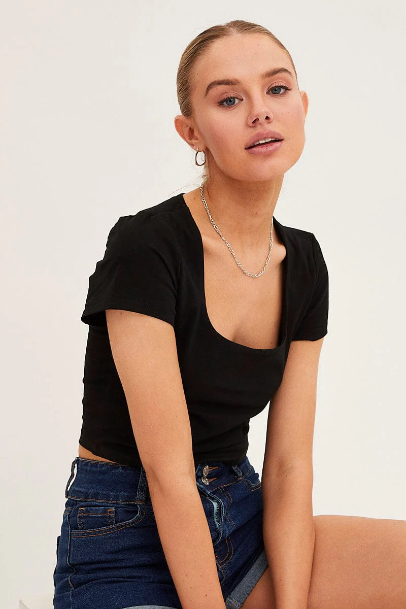 Black T Shirt Short Sleeve Crop Cotton