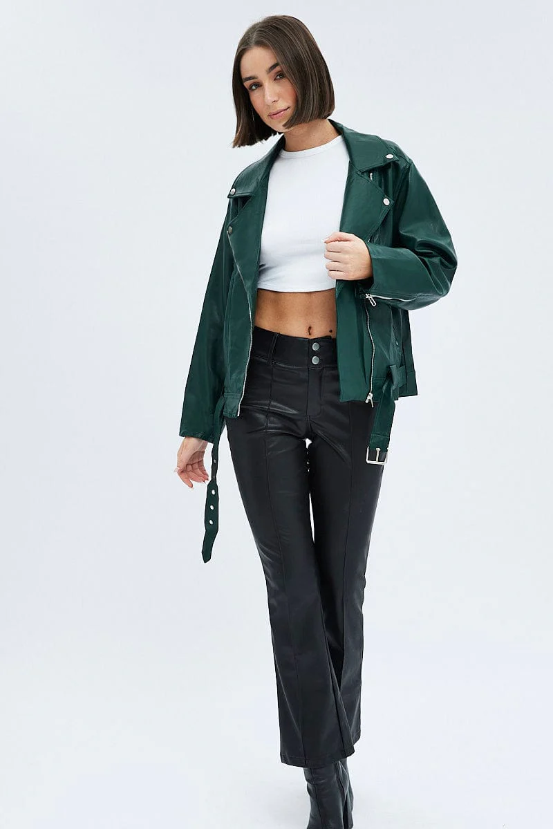 Green Jacket Long Sleeve Collared Faux Leather