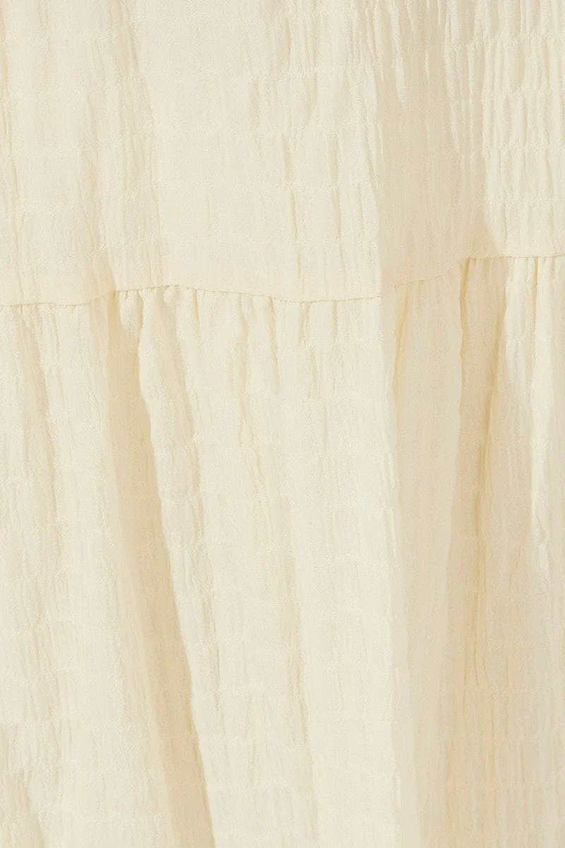 Beige Midi Dress Puff Sleeve Ruch Front