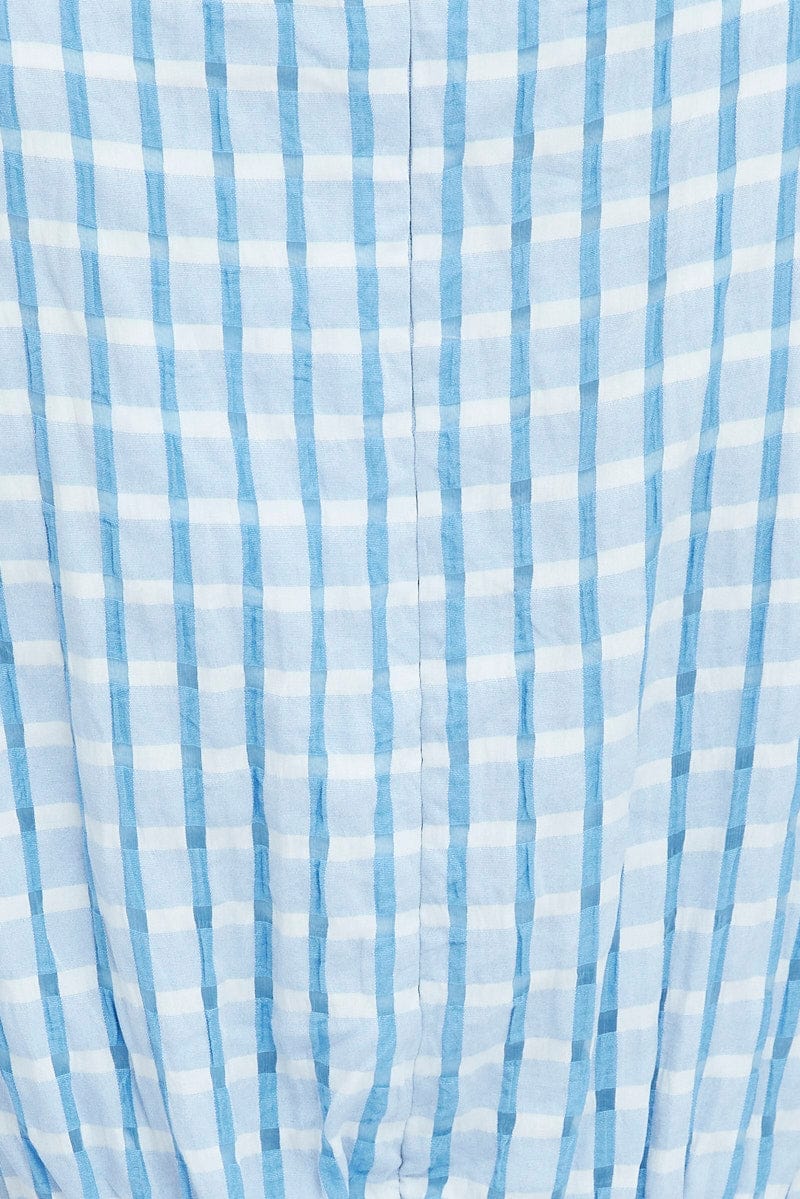 Blue Check Midi Dress Puff Sleeve