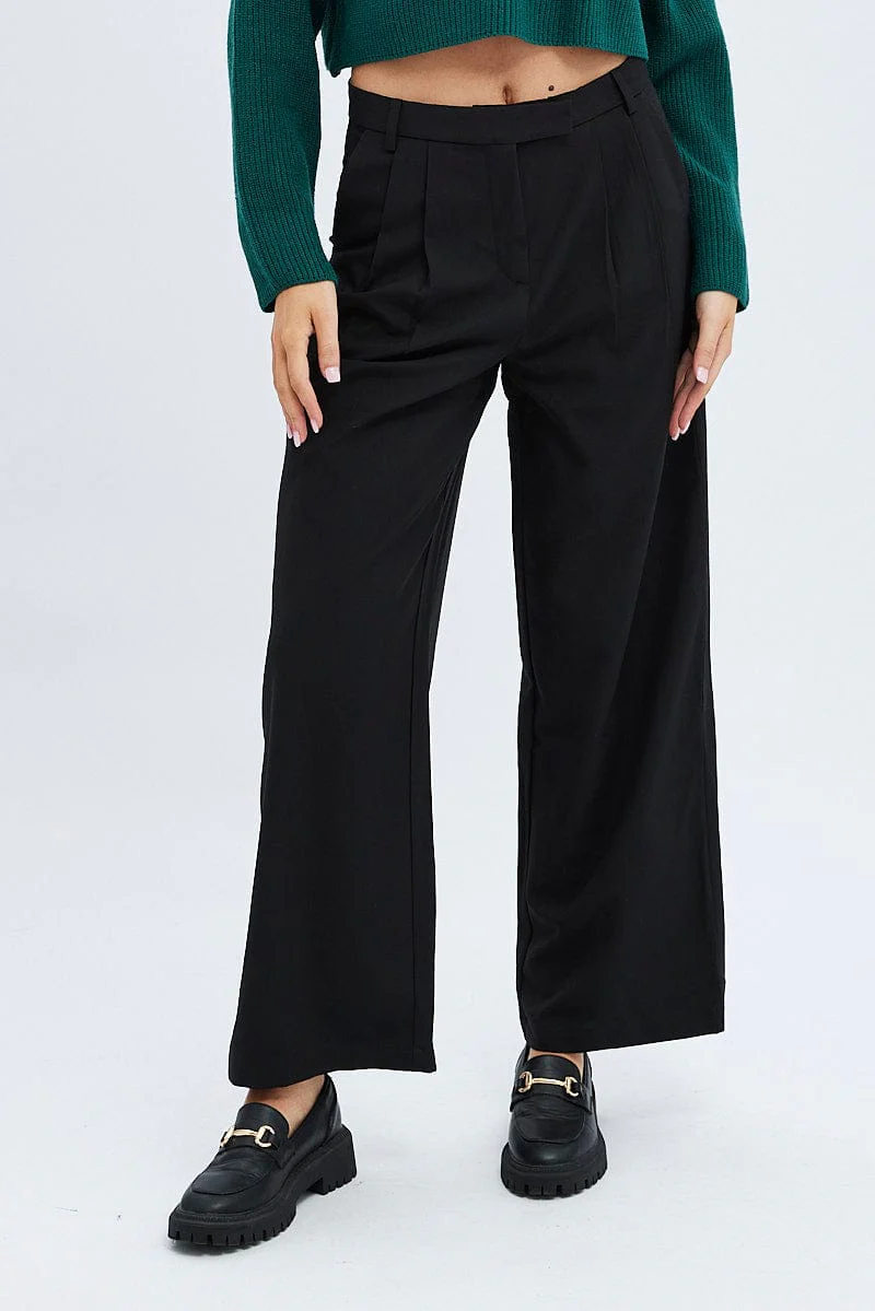 Black Wide Leg Pants Turn Down Waist Low Rise