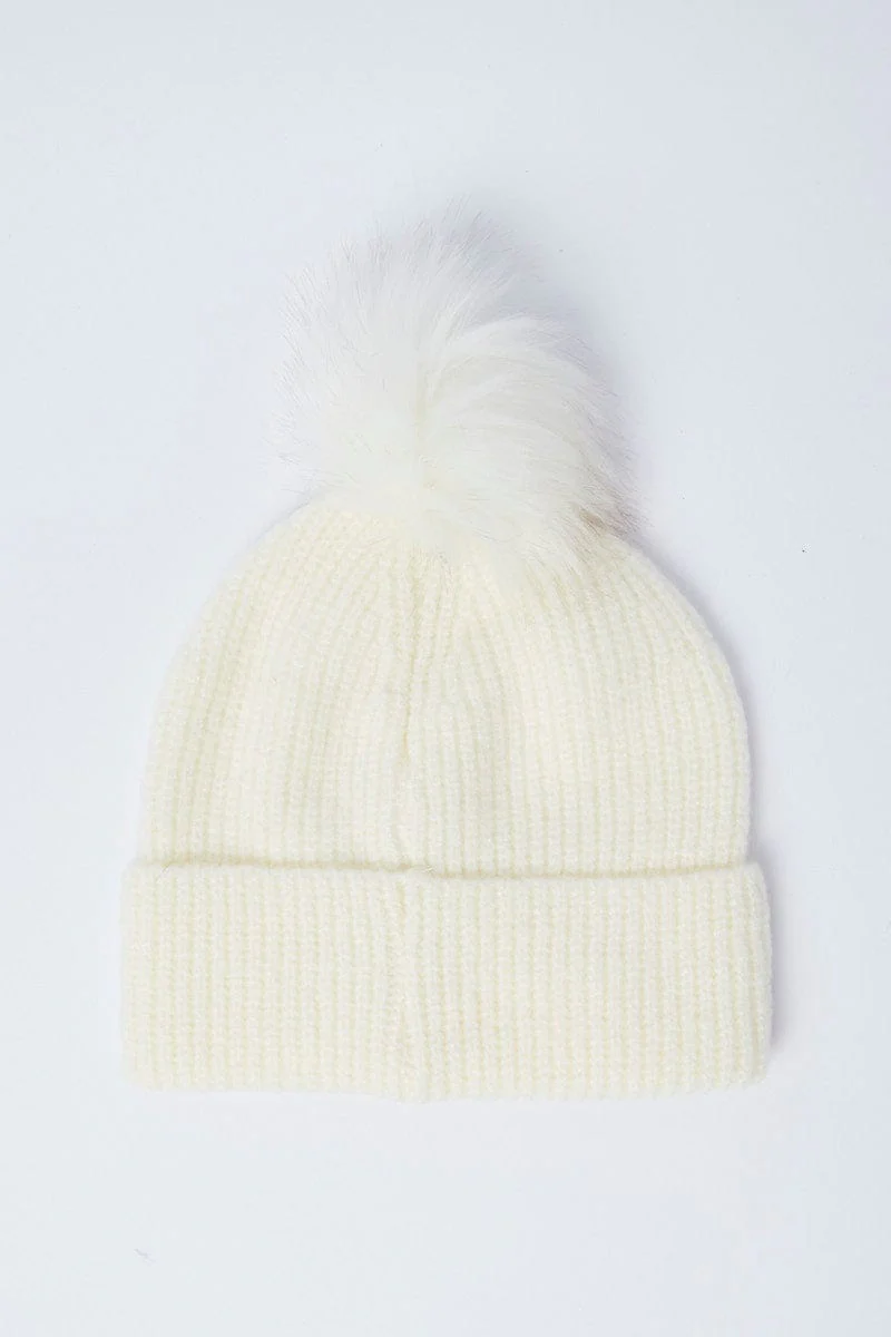 White Faux Fur Pom Pom Beanie