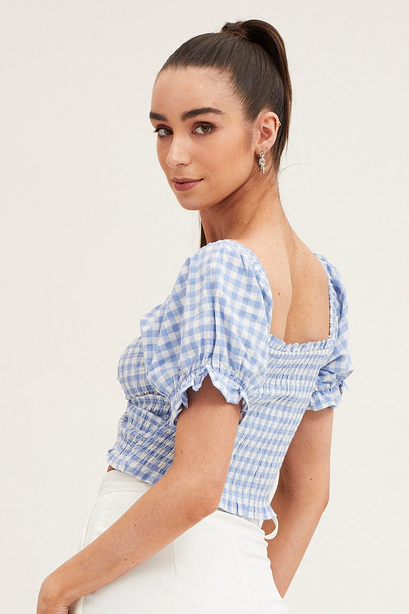 Check Crop Top Short Sleeve Sweetheart Ruched Front