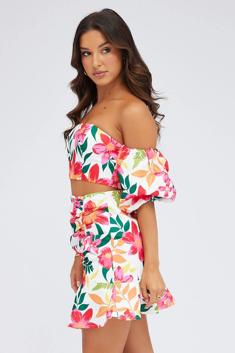 Multi Floral Gathered Skirt Mini Length Ruffle Detail