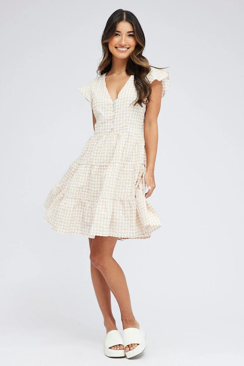 Beige Check Fit and Flare Dress Short Sleeve Tiered