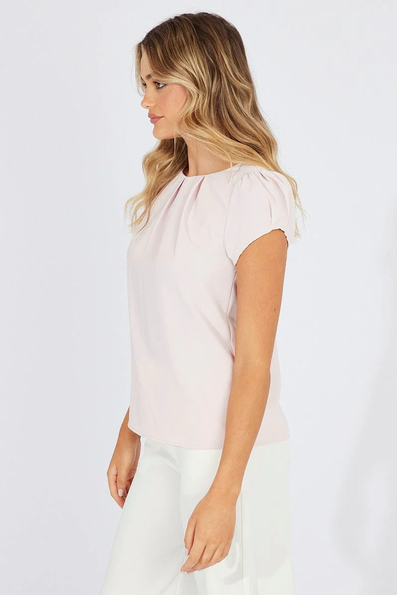 Pink Top Cap Sleeve Pleat Detail Workwear
