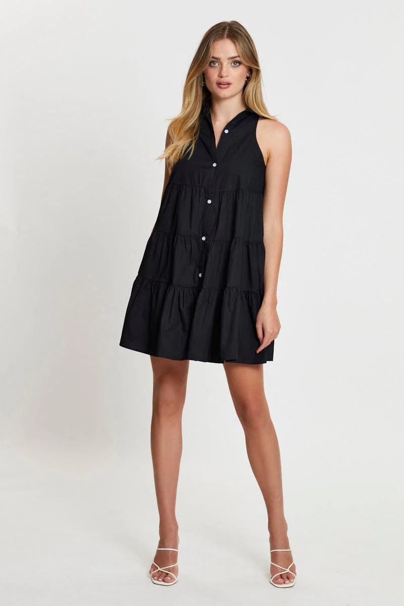 Black Shirt Dress Sleeveless V Neck