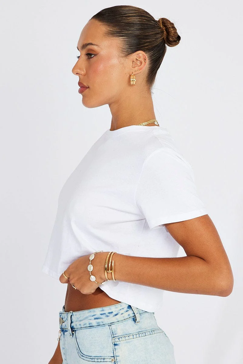 White Crop T Shirt Short Sleeve Crew Neck