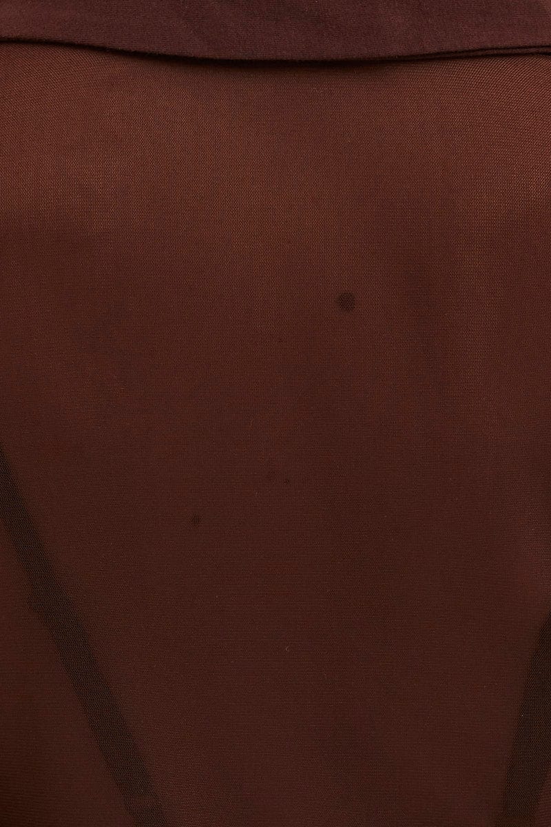 Brown Button Front Top Long Sleeve Mesh