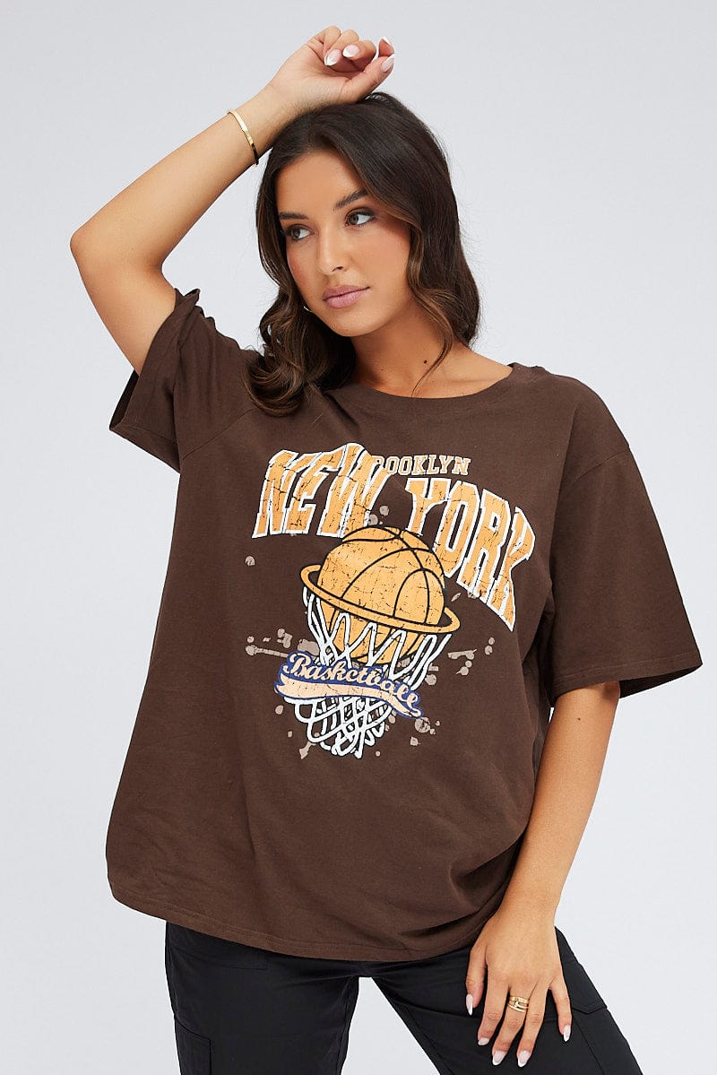 Brown Graphic Tee Short Sleeve Oversized Round Neck